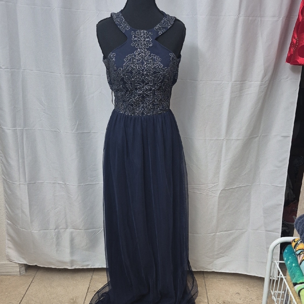 Xtraordinary Navy Blue Embroidered Prom Dress